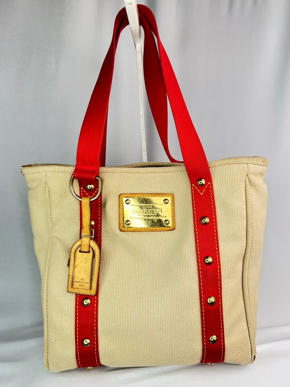 Authentic Louis Vuitton Antigua Cabas MM Canvas Tote Bag Beige Red
